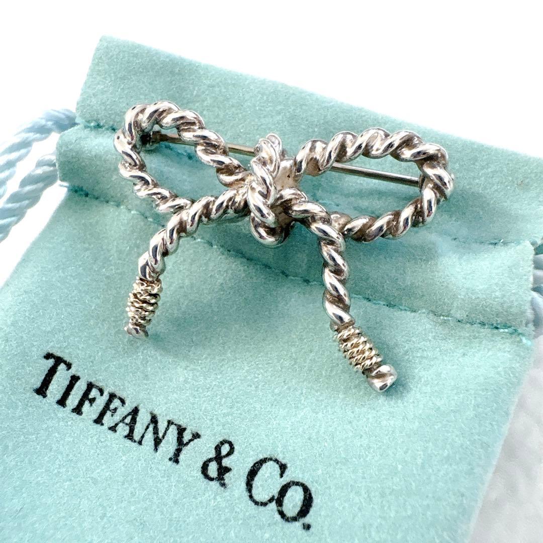 オールド ティファニー ツイストリボン コンビ ブローチ シルバー k18