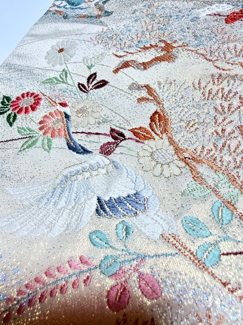 高級 袋帯 正絹 六通柄 九百錦 シャンパンゴールド 唐織 丹頂鶴 訪問着