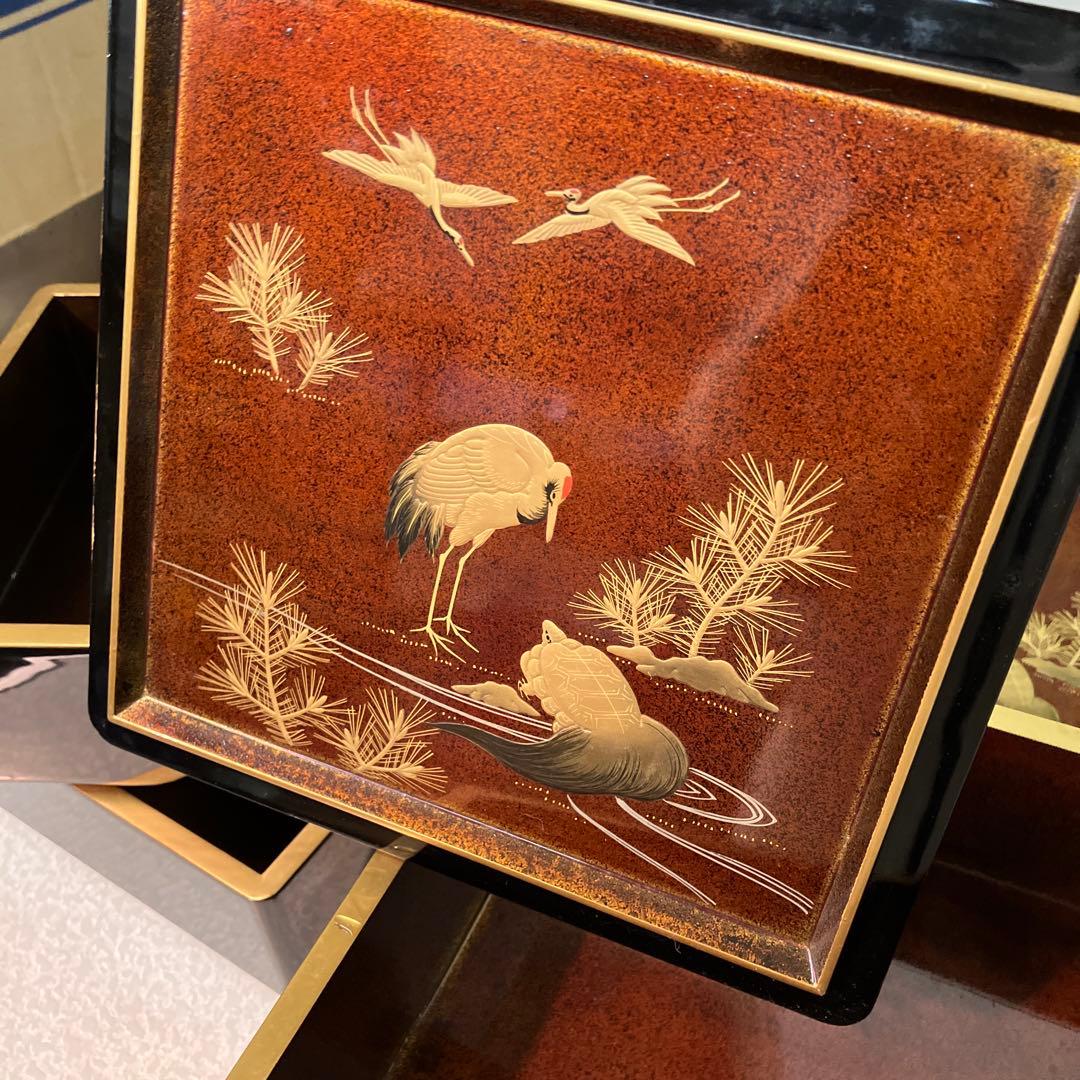 重箱　昭和レトロ　鶴亀　2段重箱　2セット　骨董品　台付