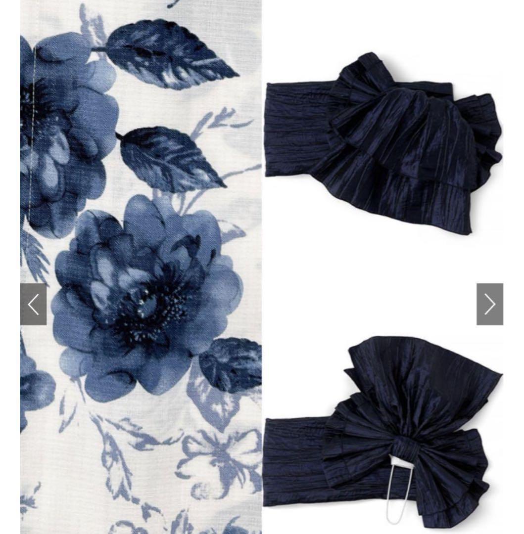 青い花柄浴衣とリボン帯セット