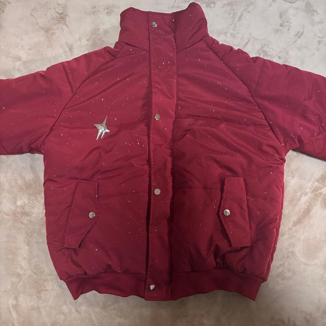 ラメ入り ダウンジャケット 赤 Lサイズ ゴシックロゴ Y2K ストリート 中綿