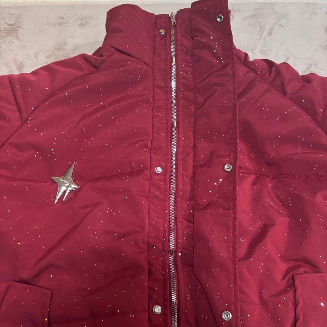 ラメ入り ダウンジャケット 赤 Lサイズ ゴシックロゴ Y2K ストリート 中綿
