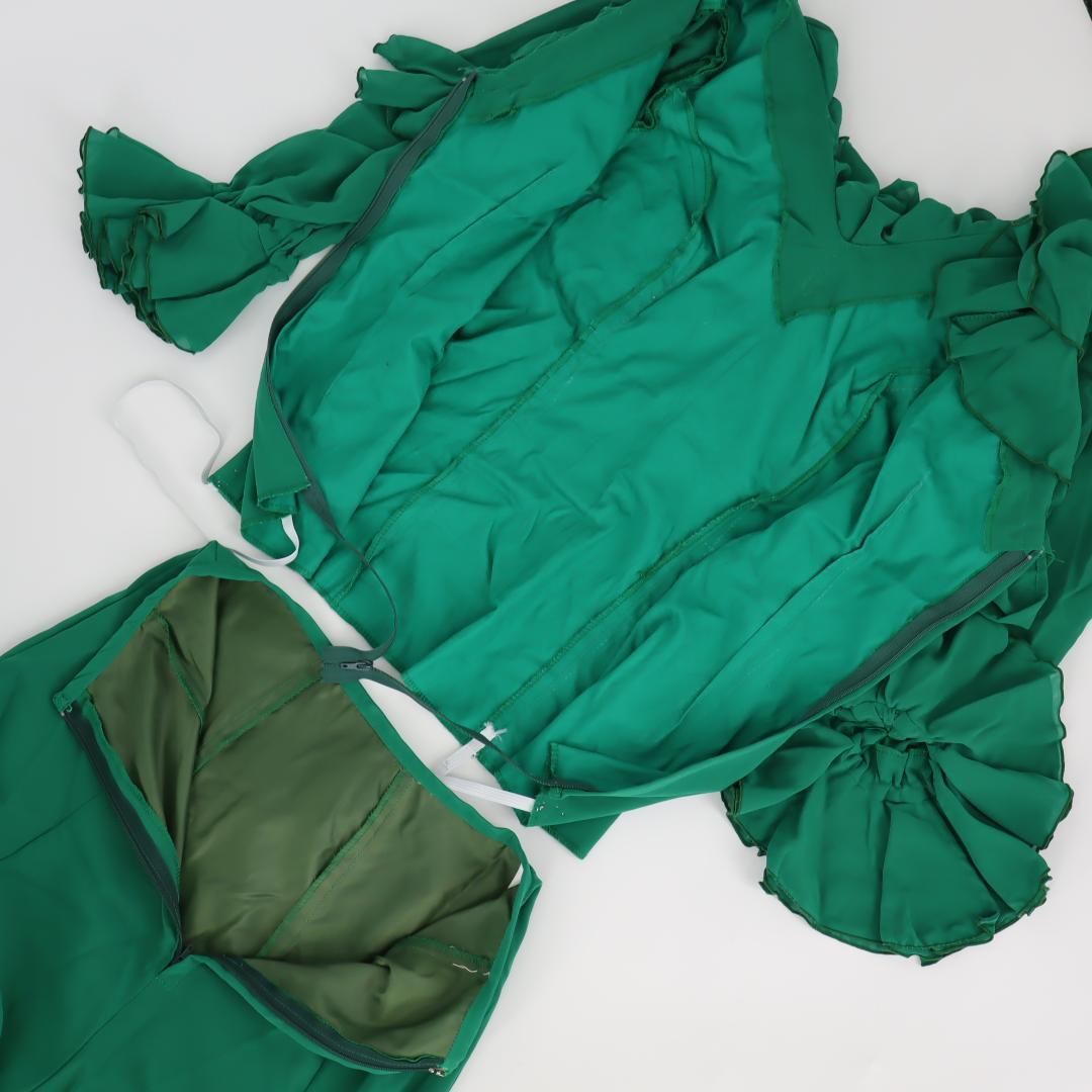 【美品 フラメンコ衣装】グリーン×イエロー×豪華フリル ブラウス ファルダ