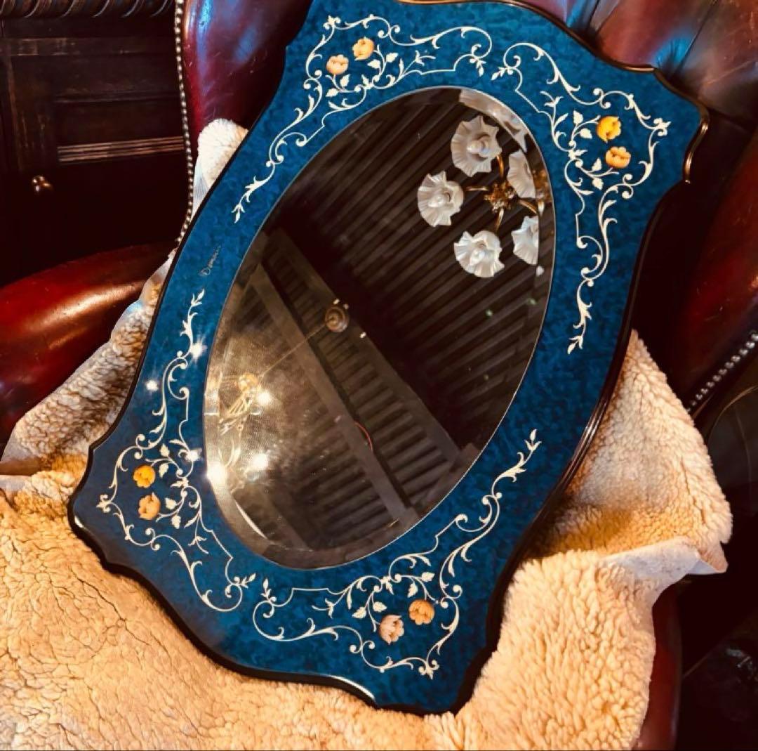 湯布院アンティーク イタリア ドマン ウォールミラー ブルー 大型鏡象嵌 ウッド