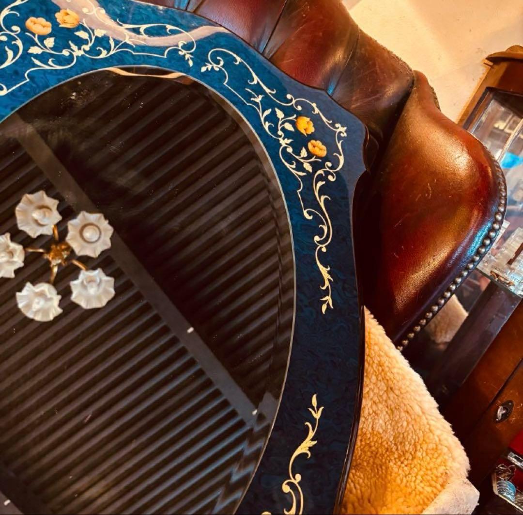 湯布院アンティーク イタリア ドマン ウォールミラー ブルー 大型鏡象嵌 ウッド