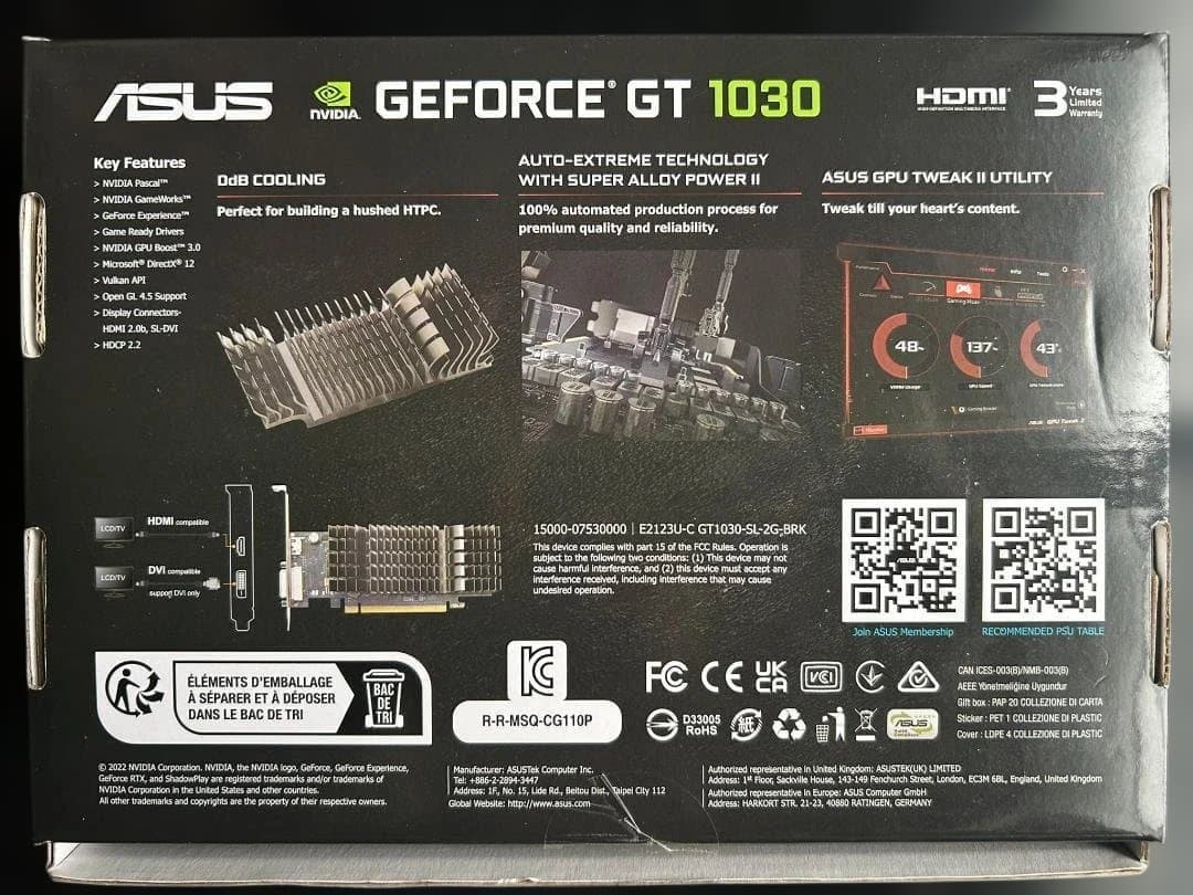 ASUS GT1030 2GB ファンレス 静音 ロープロファイル金具付 美品