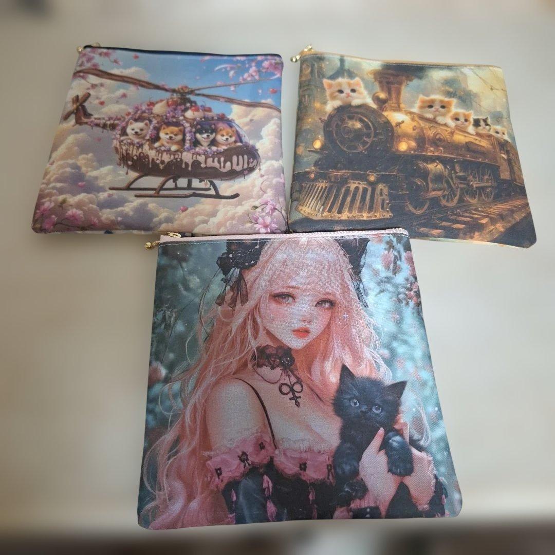 激レアねこパネル生地　ハンドメイド　ミニバック　まちなしバッグ　ポーチ