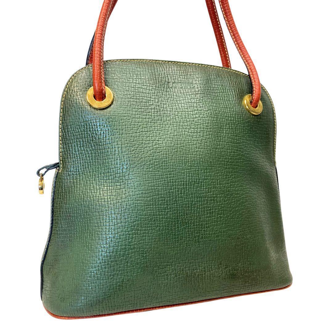 ロエベ グリーンショルダーバッグ 型押しレザー ビンテージ