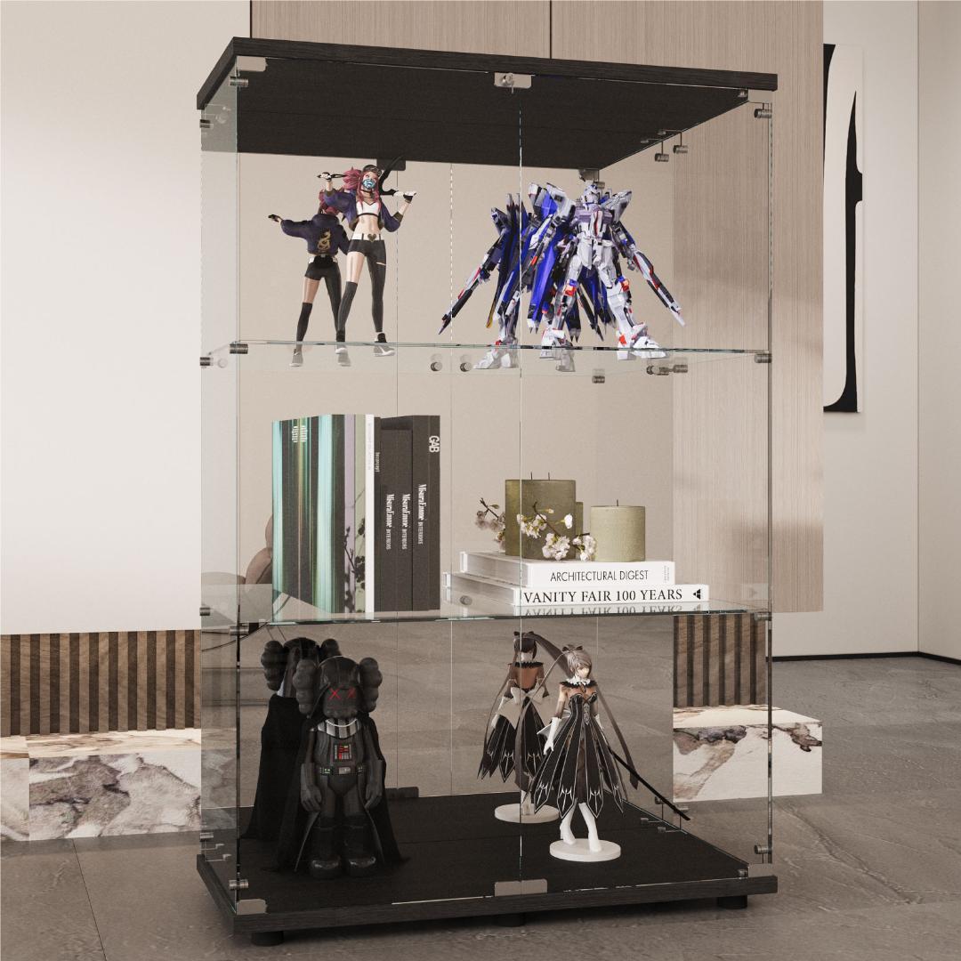 【新品】人気No.1！3段ワイドガラスケース黒｜背面ミラー仕様｜フィギュア棚