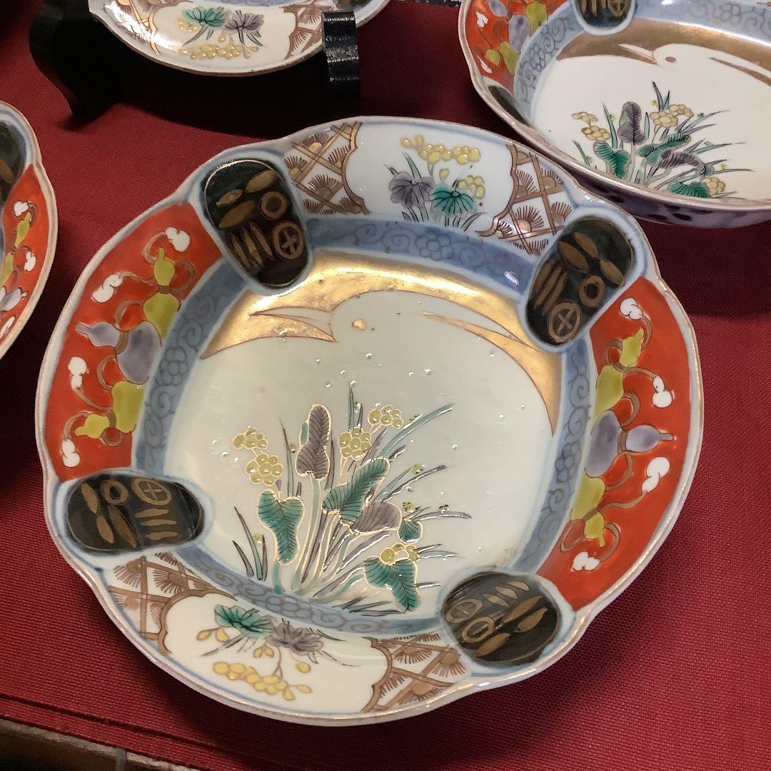 古伊万里　金彩色絵　絵皿　白鷺瓢箪　福紋　5客　江戸　李朝・大聖寺・九谷焼好きも