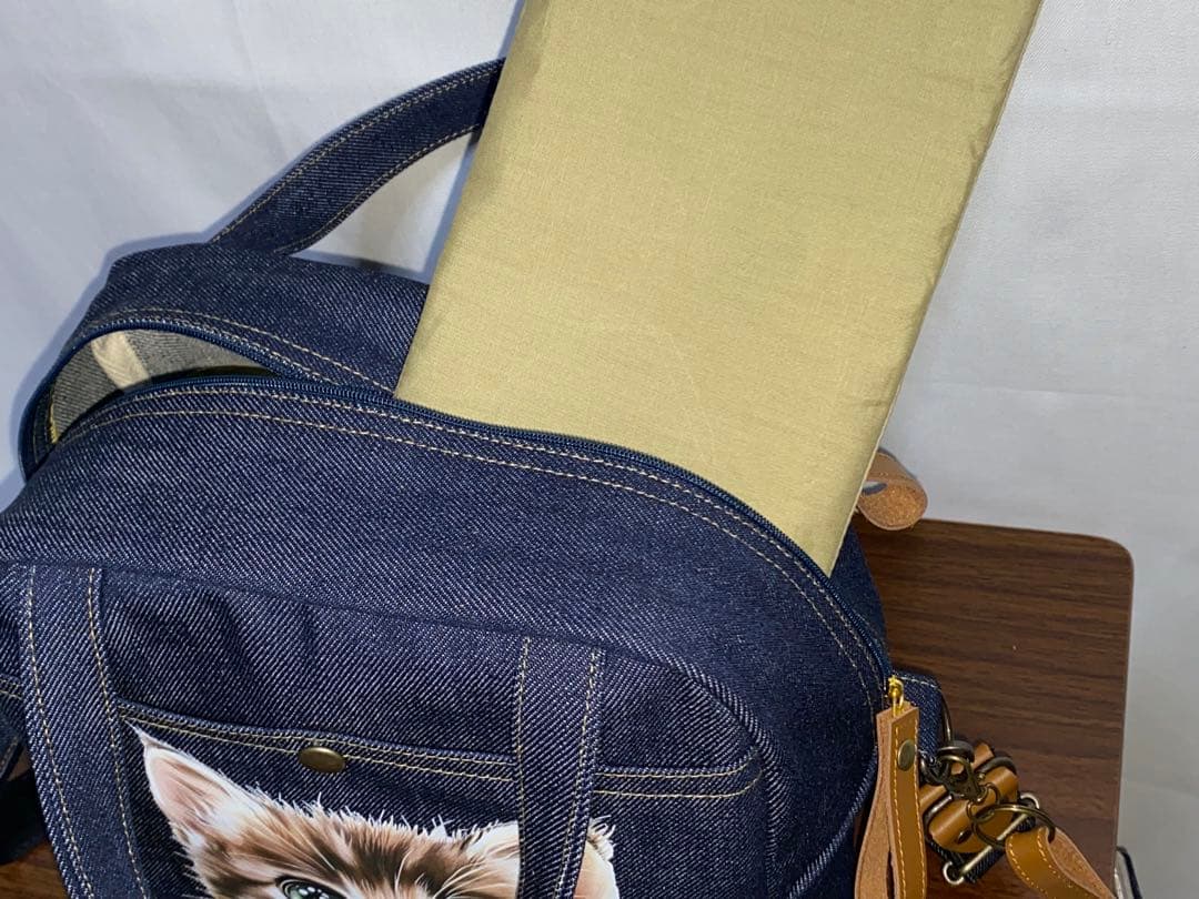 男女兼用☆岡山デニム♪ステンシル☆トラネコ☆Sサイズ☆3wayボストンバッグ