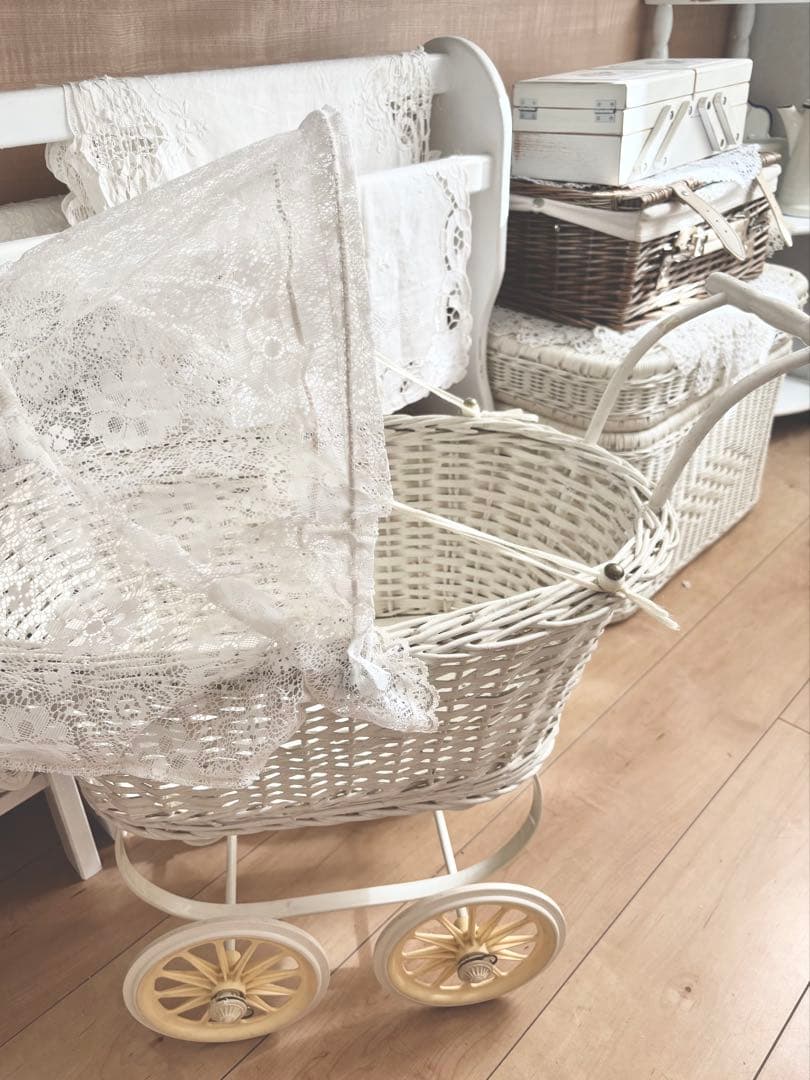 ★希少★ フランス アンティーク ドール用 ベビーカー 乳母車 ラタン アイアン