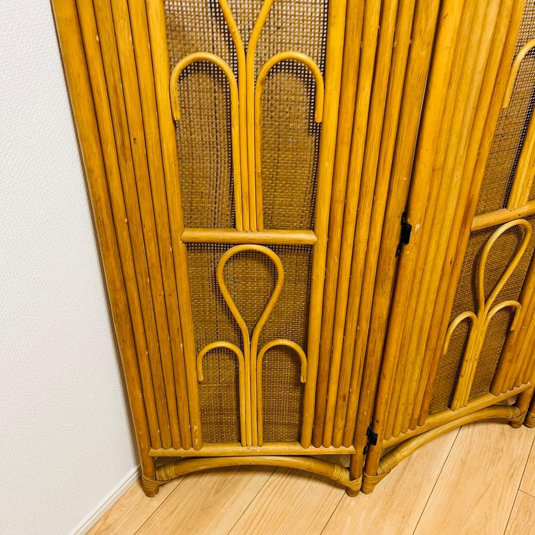 昭和レトロ エスニック 4連衝立 ラタンパーテーション 間仕切り パーティション
