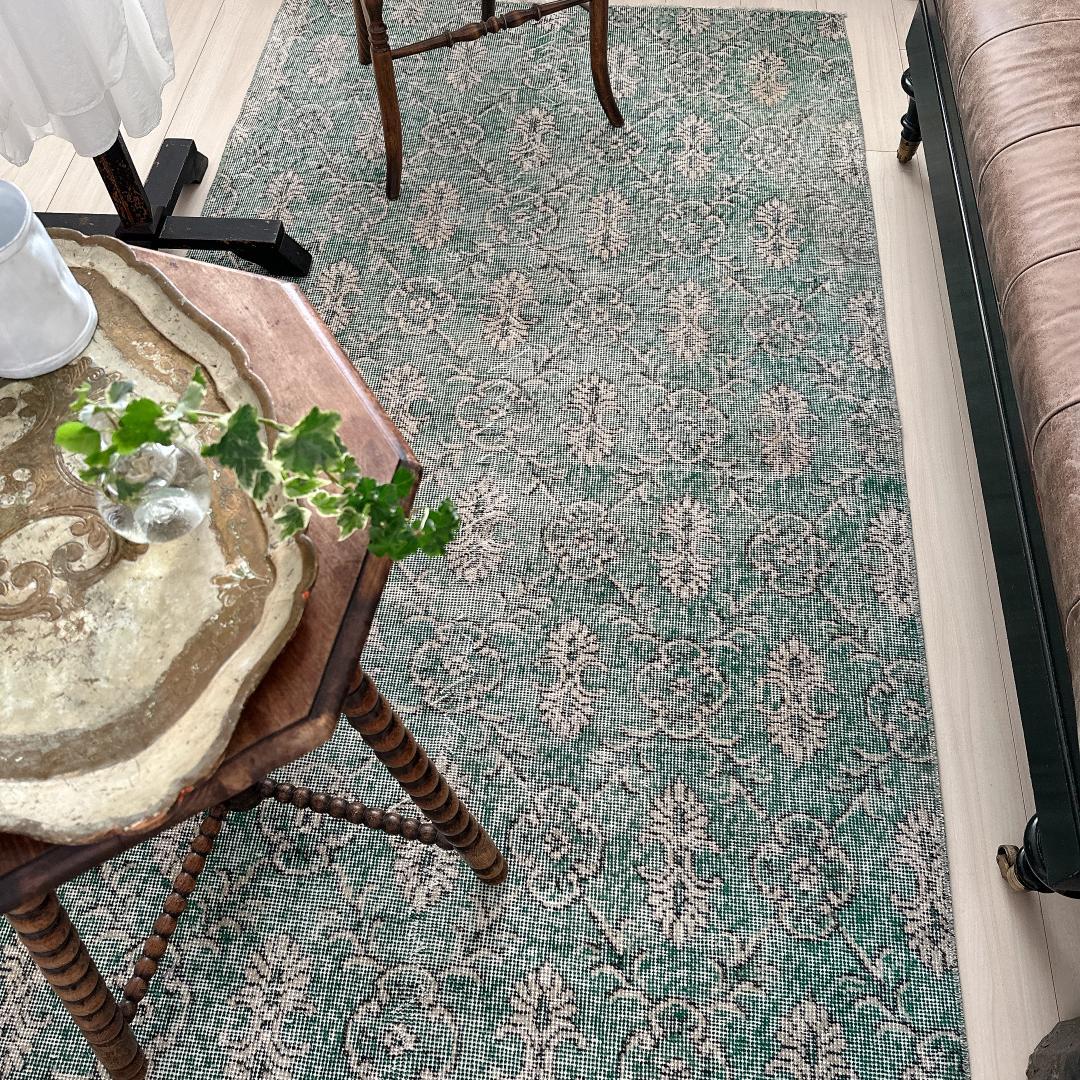 トルコヴィンテージラグ A34 レア 人気柄 紋章柄 グリーン ターコイズ