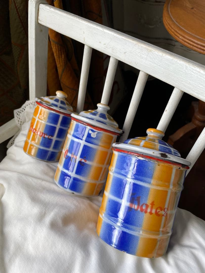 フランス　アンティーク　ホーロー　キャニスター　3個　ブルー　オレンジ　チェック