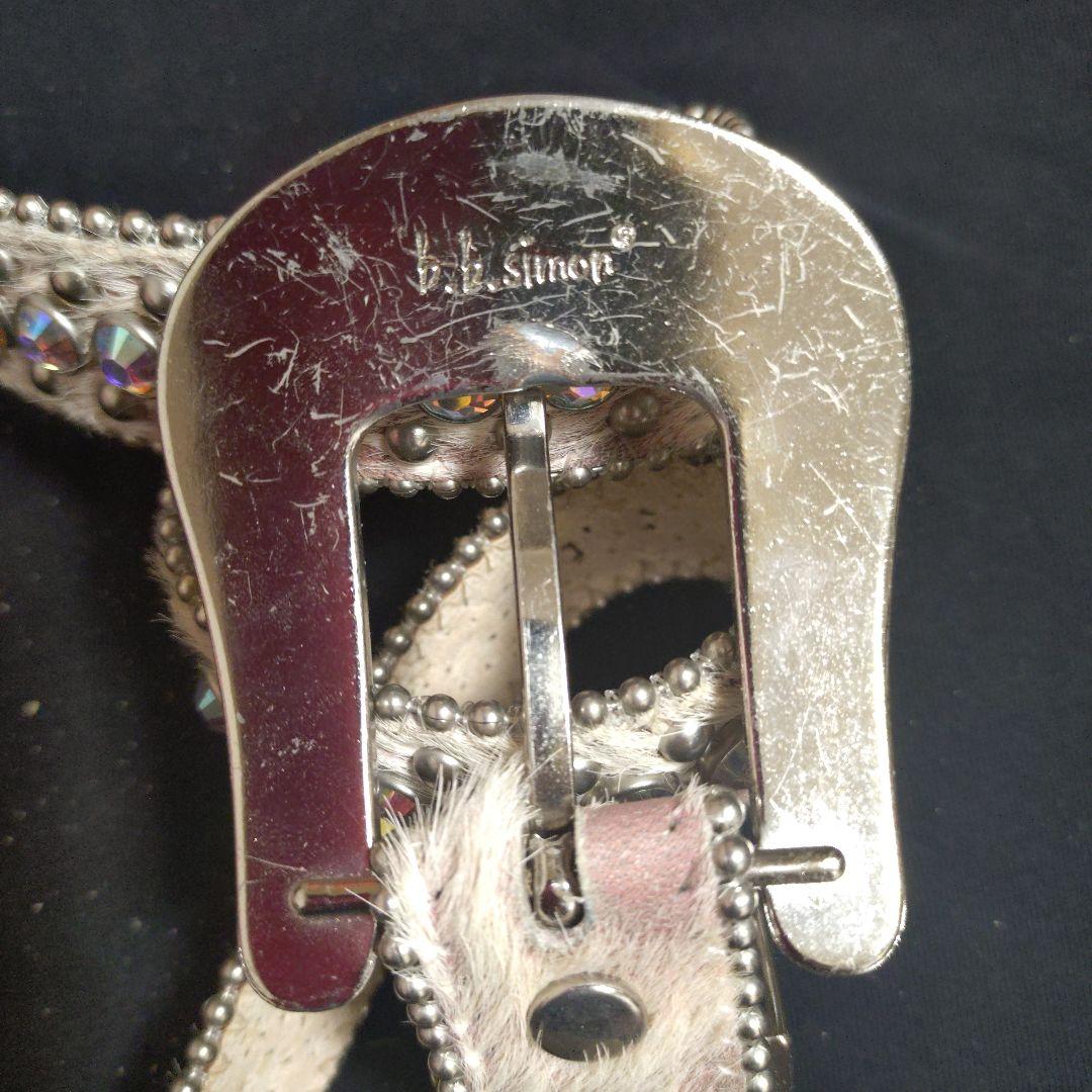 b.bsimonスワロフスキークリスタル装飾 ベルト美品オフホワイトはらこレザー