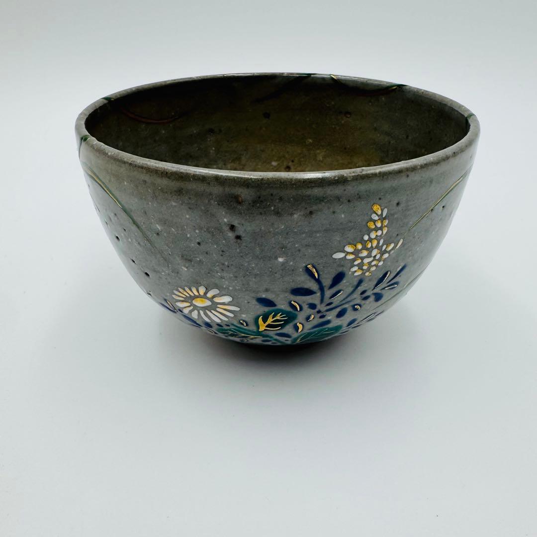 【清閑寺　杉田祥平　色絵桔梗に秋草画　茶碗　共箱】茶道具　骨董　アンティーク