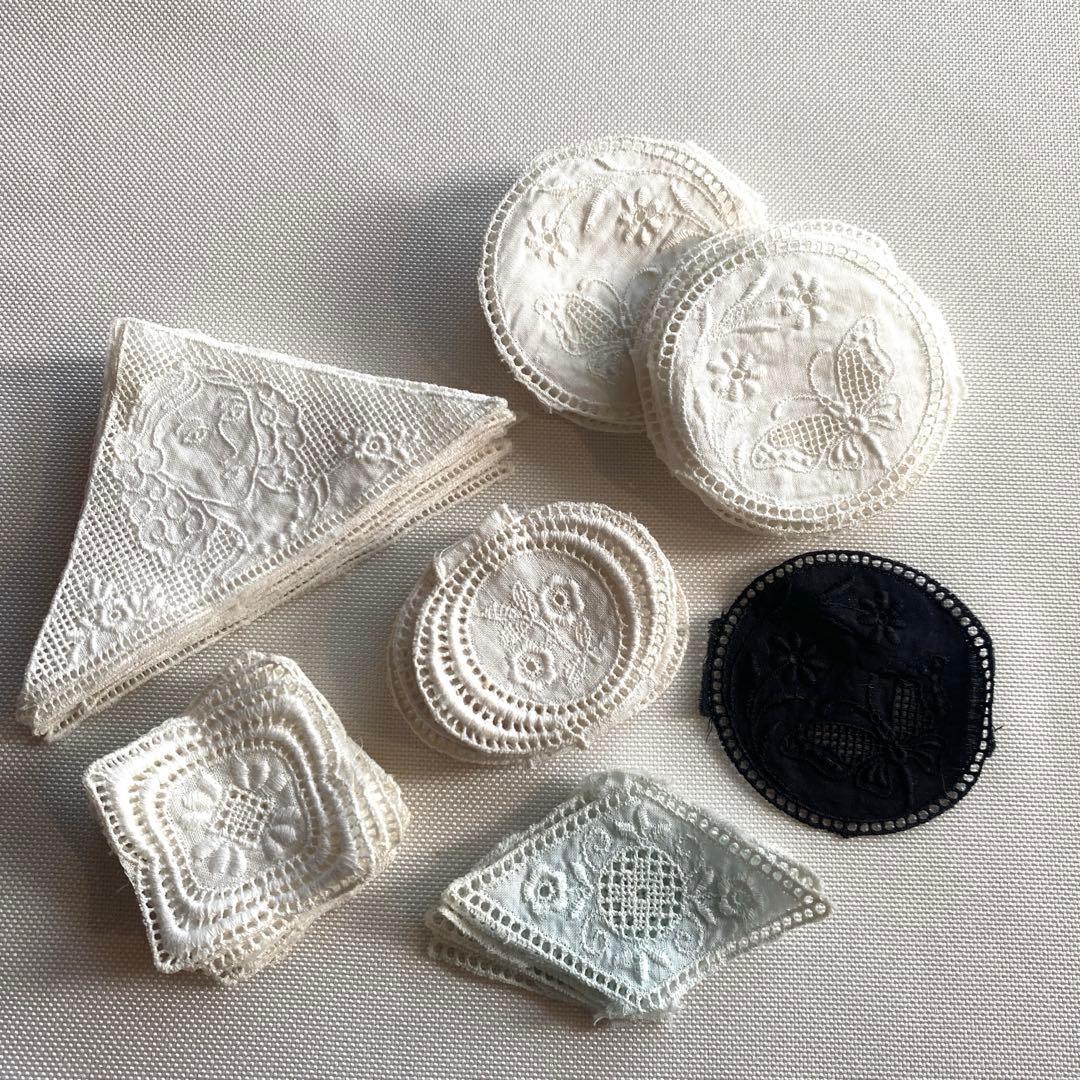 アンティーク ロマンティックコットン刺繍 リボンレース 蝶柄 丸型ワッペン24枚