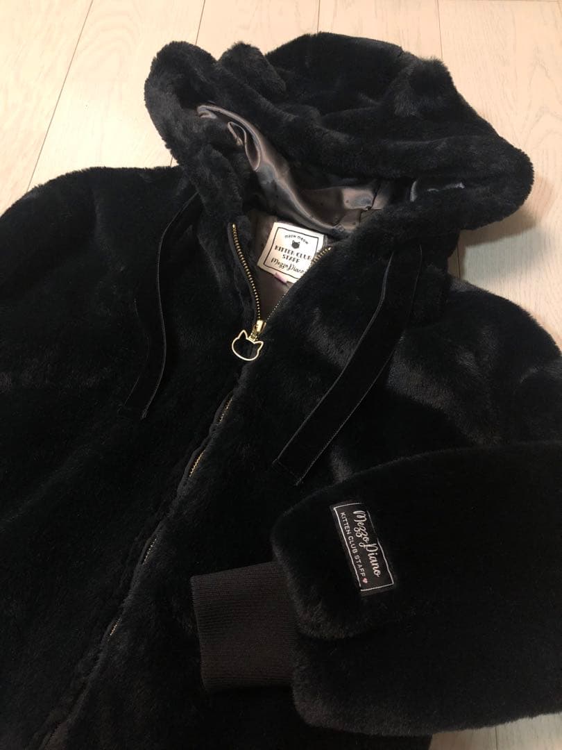 メゾピアノジュニア　猫耳フードフェイクファーパーカーブルゾン　黒　S