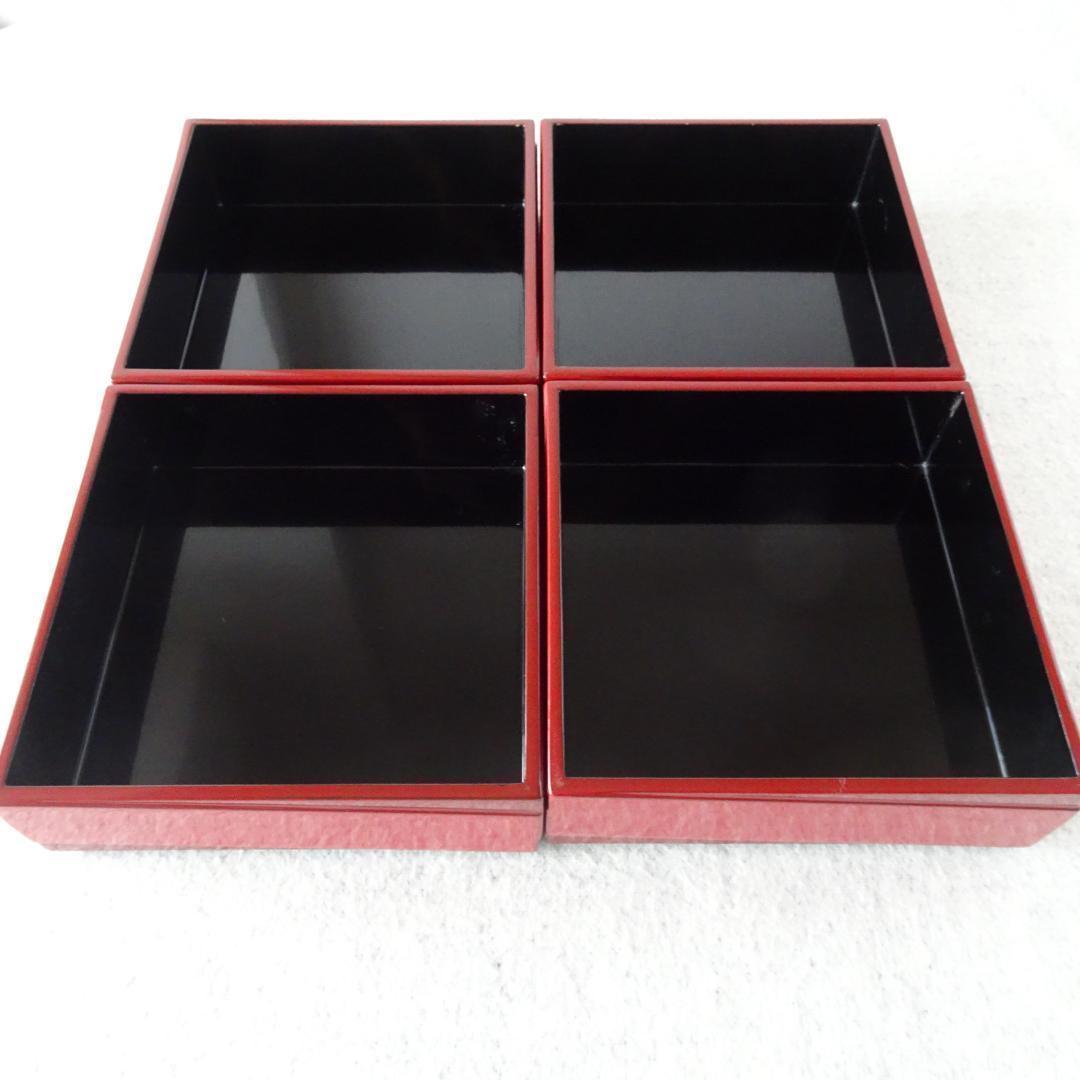 重箱　会津塗　漆器　4段重　天然木　本漆　朱赤　黒　漆工芸　吉田乙郎　モダン柄