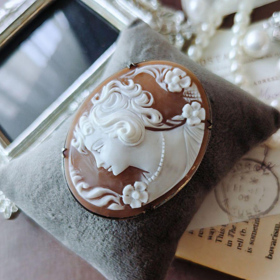 ITALY SILVER900 シェルカメオブローチ 貴婦人 楕円形 ペンダント