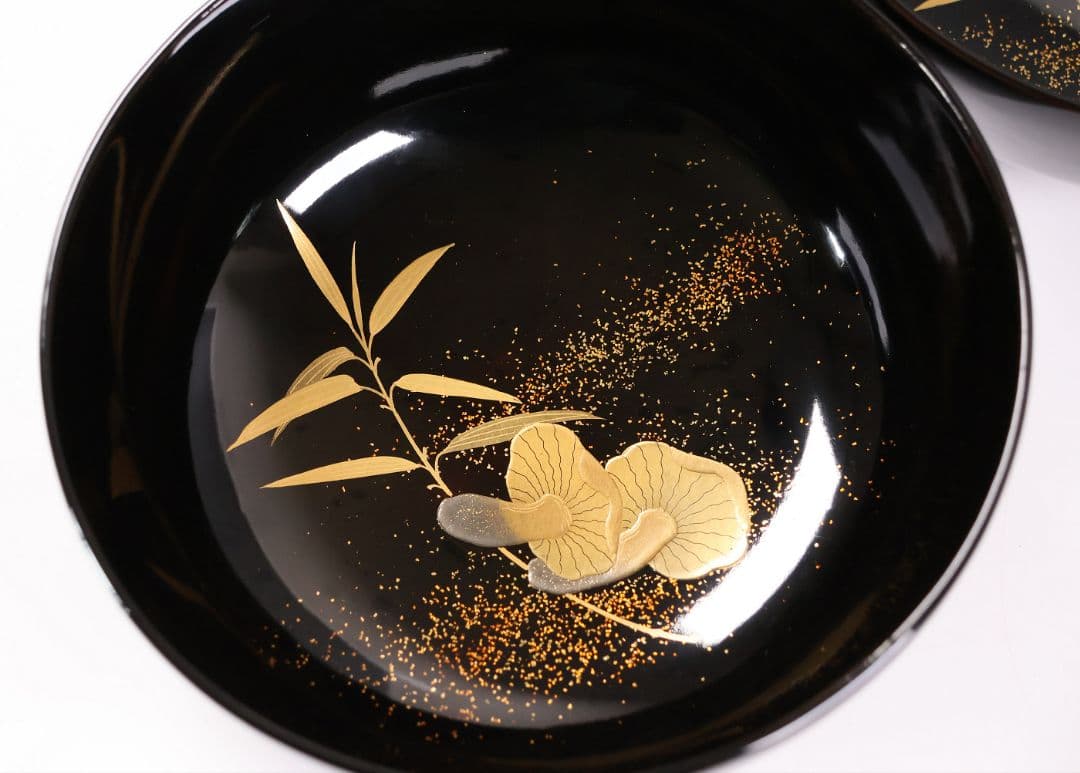 【CM412】天然木漆塗 加賀蒔絵 蓮と野菜金蒔絵 黒煮物椀 五客 漆器 昭和期