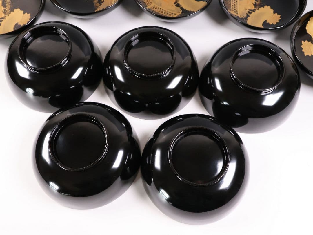 【CM412】天然木漆塗 加賀蒔絵 蓮と野菜金蒔絵 黒煮物椀 五客 漆器 昭和期