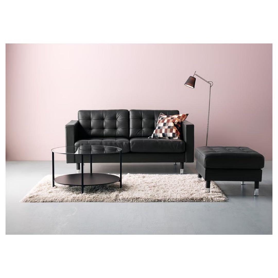 IKEA イケア LANDSKRONA 黒合成皮革 カウチソファ オットマン付き