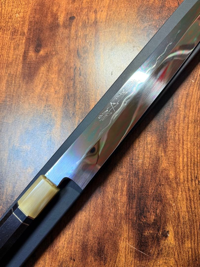 【堺打刃物】森本光一作　刺身 切付　水本焼　包丁　尺　鏡面　黒檀両白水牛銀巻柄