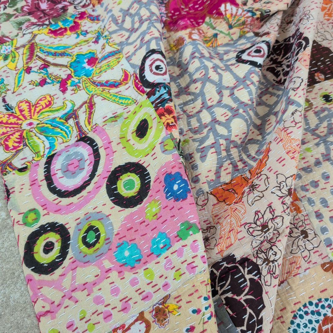 【M】ベージュ 手仕事 パッチワーク 一点物 カンタキルト マルチカバー 721