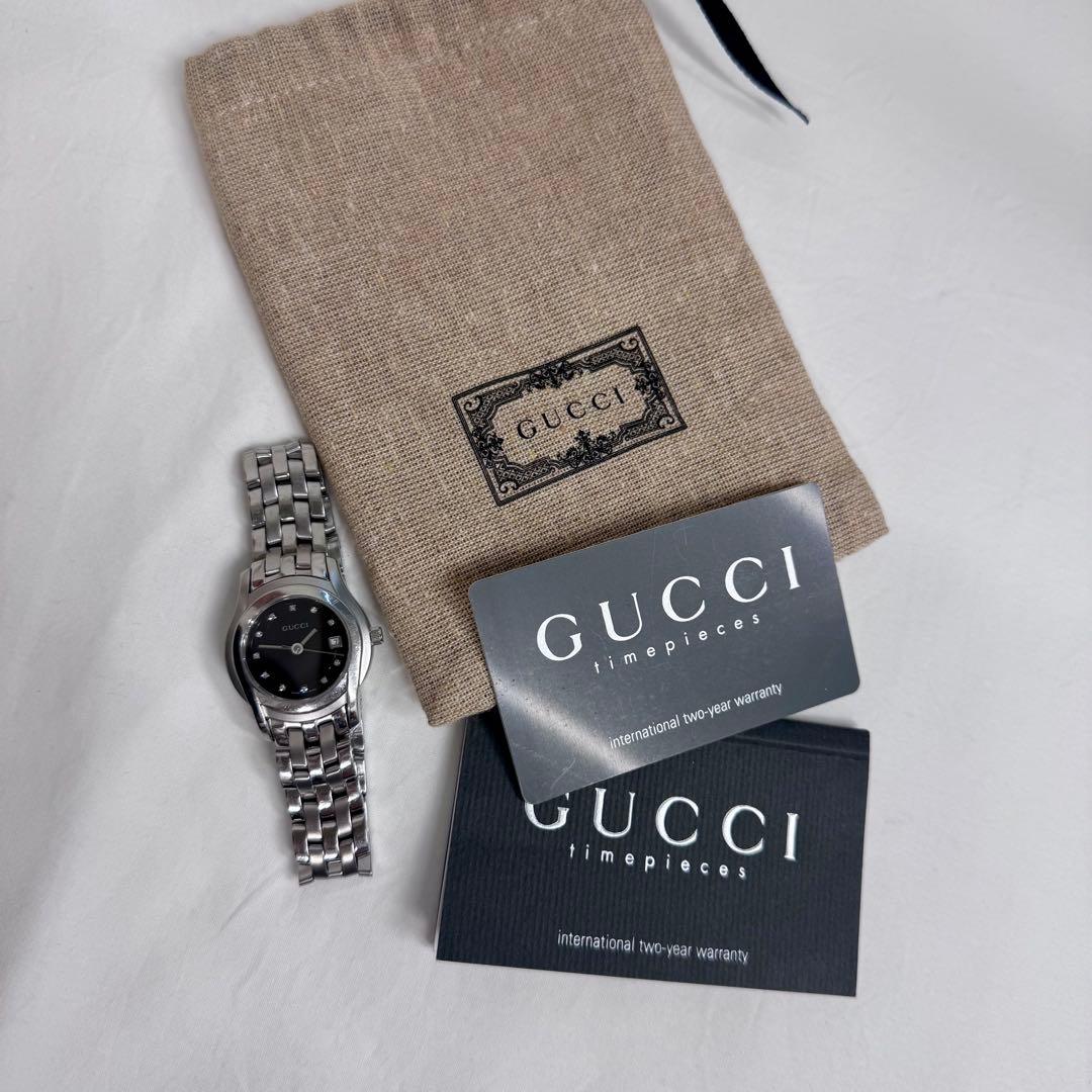 GUCCI ステンレススチールブラックダイヤル時計5500Lレディースダイヤ付き
