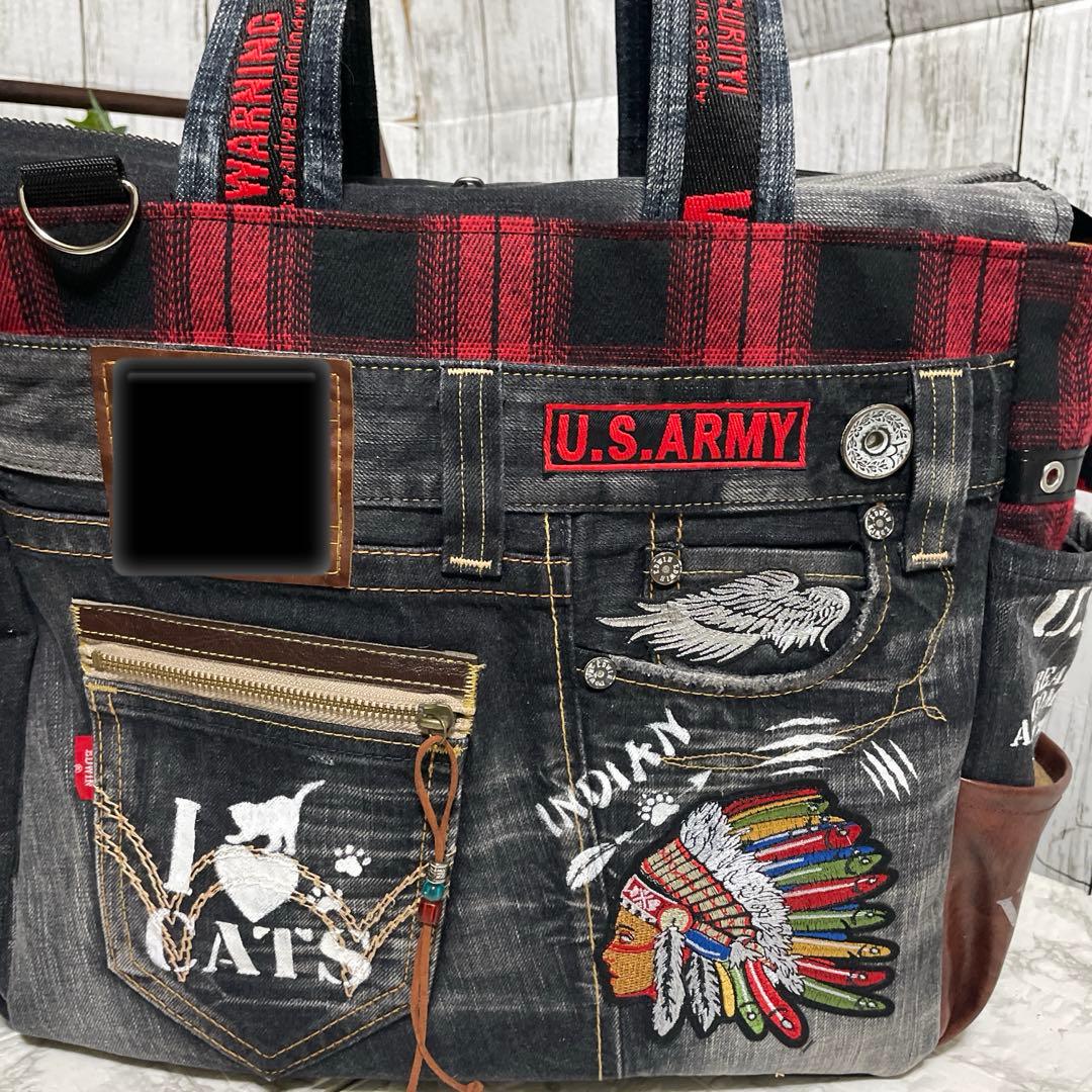 No.538 デニムリメイクバッグ　肩掛けトートバッグ　キャットインディアン