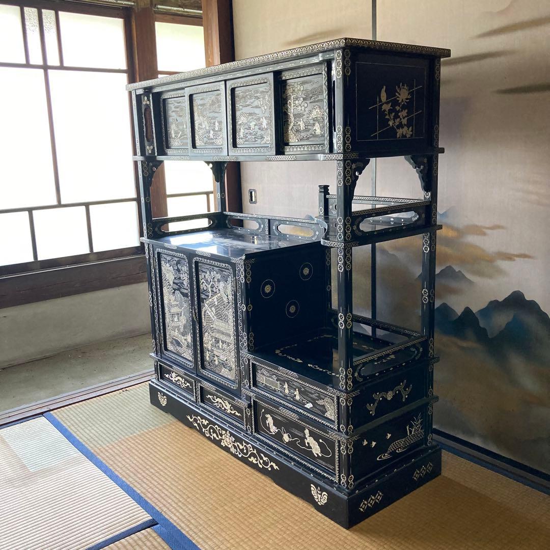 輪島塗　螺鈿細工　飾り棚　茶箪笥　段違い　違棚　黒漆　唐子　高級　和式　アコヤ貝
