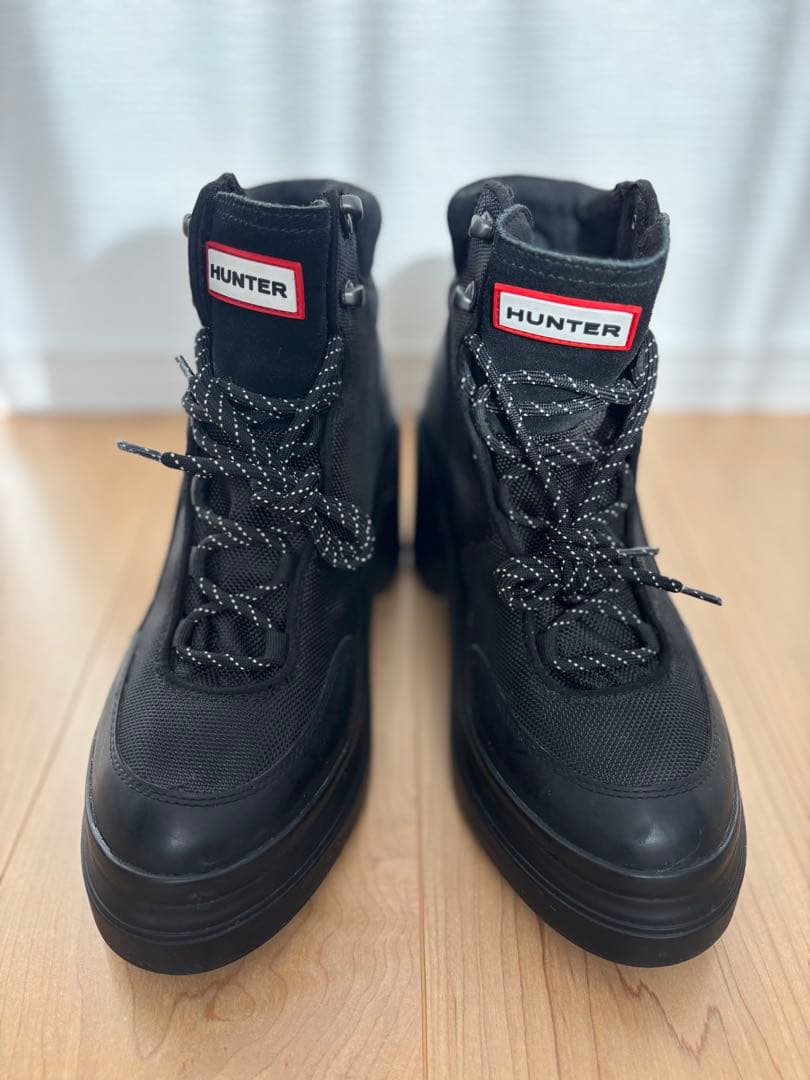 HUNTER ハンター 厚底 レースアップ ヒールブーツ 防水 黒 25cm