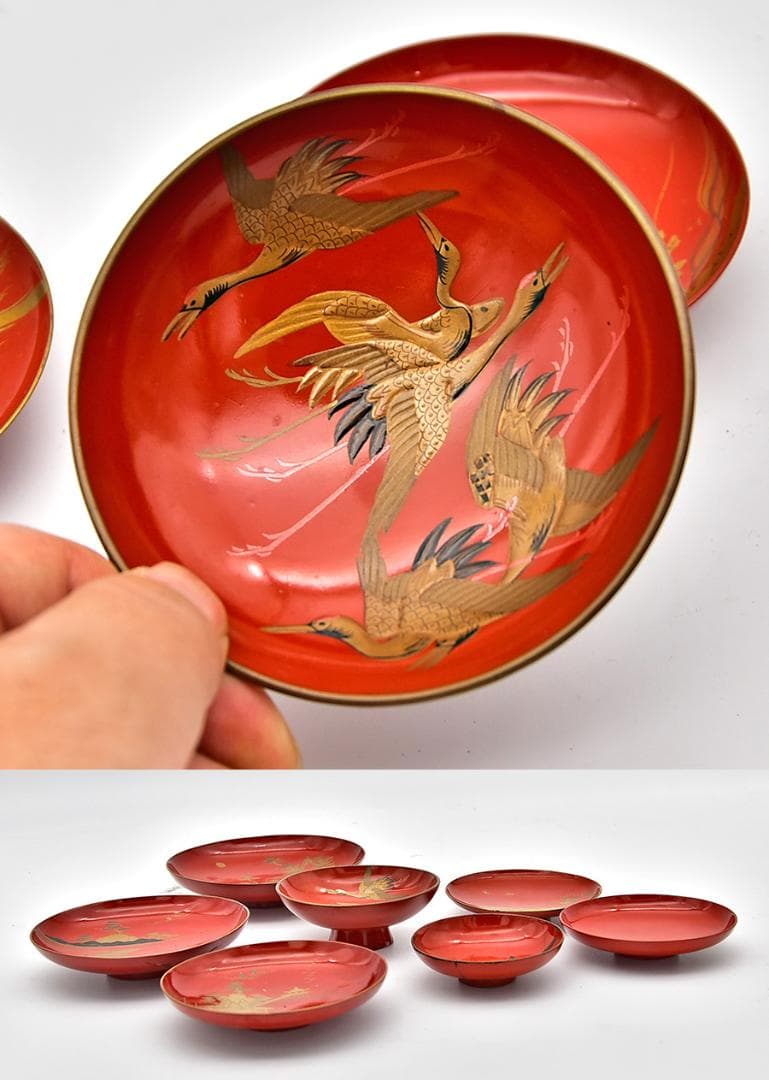 時代年代物 木製朱塗 盃台 盃 七客 楼閣山水 瑞鶴図 金蒔絵 お屠蘇 お正月