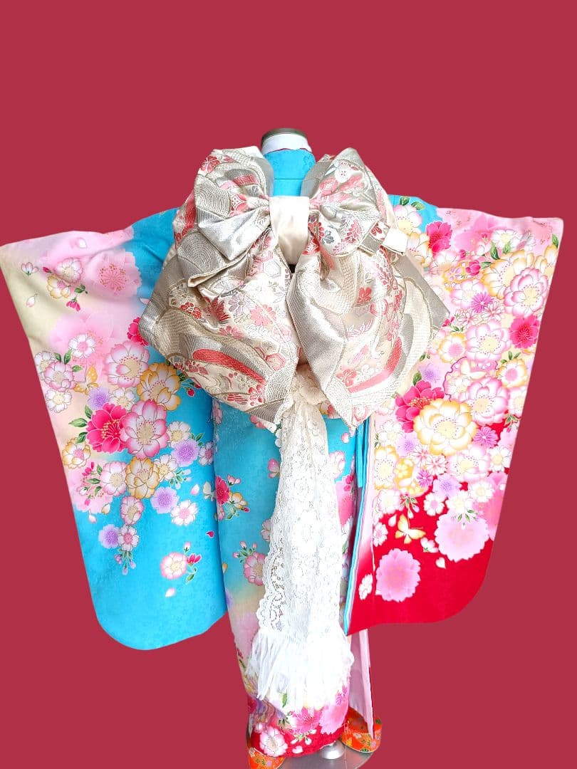 刺繍いりブルーピンクの着物に白シルバーの作り帯セット☆七五三などに