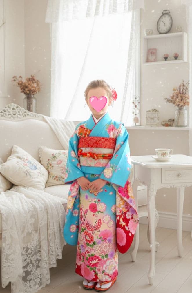 刺繍いりブルーピンクの着物に白シルバーの作り帯セット☆七五三などに