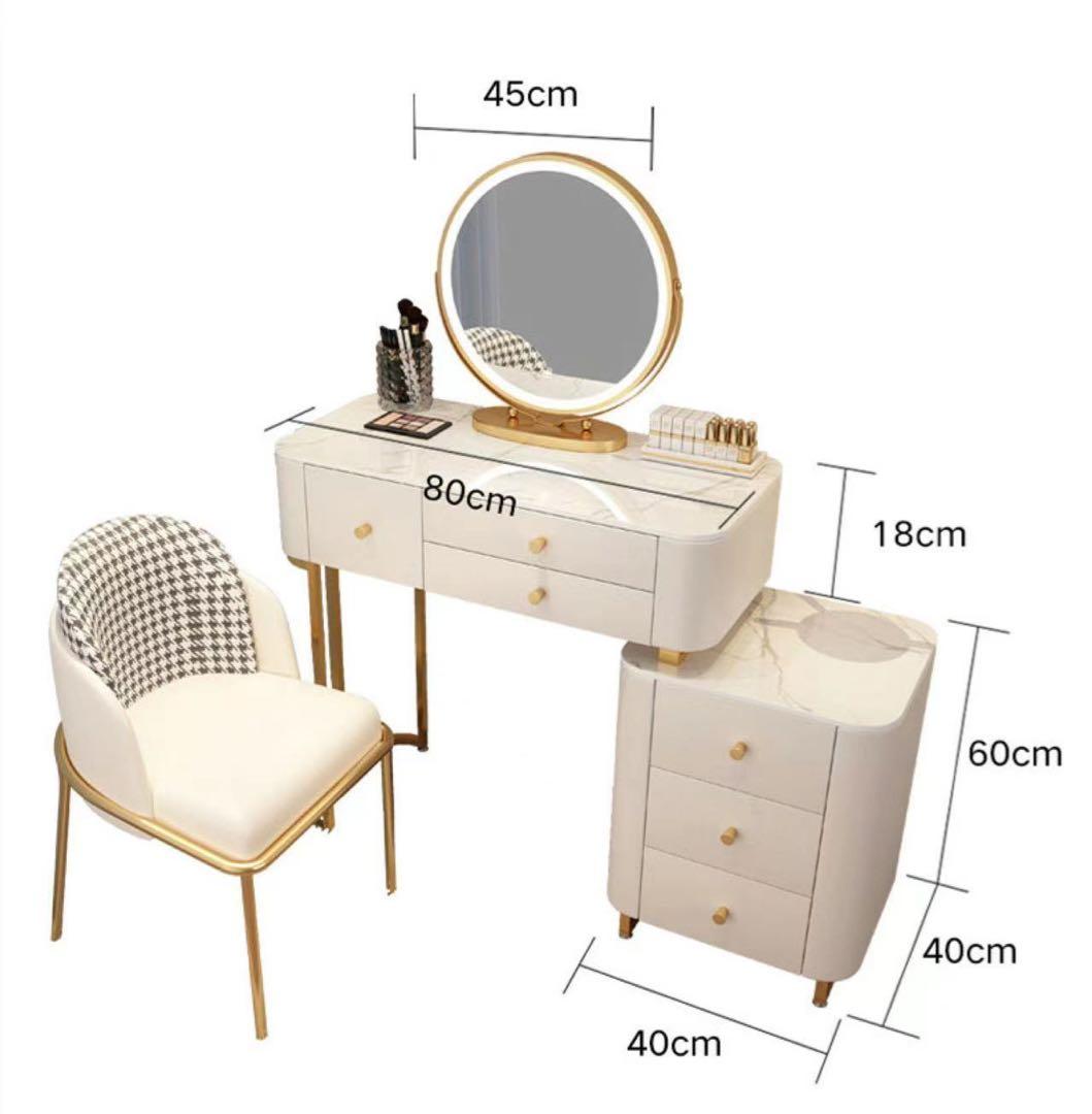 北欧風  ベージュ80cmオシャレドレッサーレザー調 大理石天板 LEDミラー