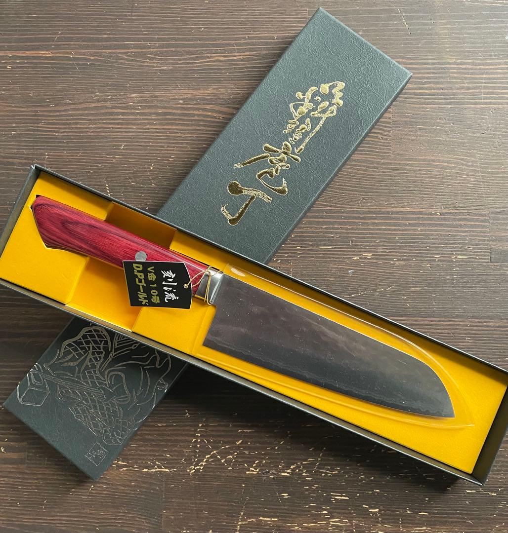 増谷刃物 三徳包丁VG10ステンレス積層槌目 刻流 口金有レッド柄 アウトレット