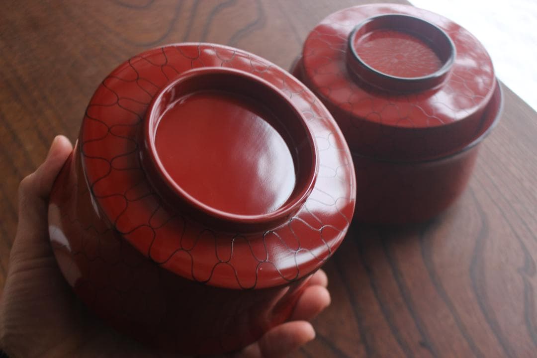 デッドストック！上質朱漆に風情ある網目文の映える筒形大椀2点（検京塗煮物椀