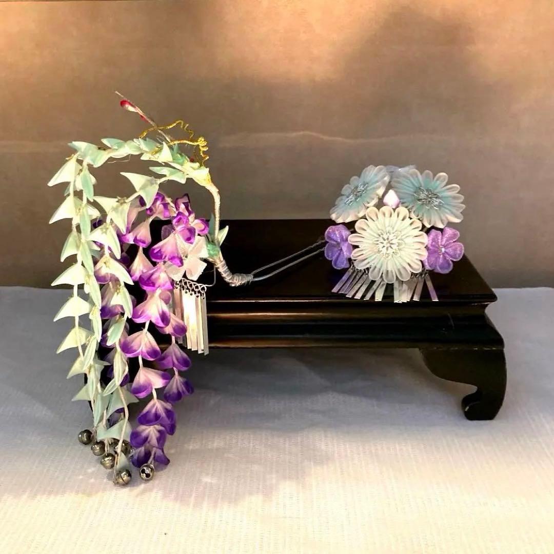 美しアンティーク　藤下がり　花簪　櫛平打ち簪　Uピン水引簪　選べる鹿の子ちんころ