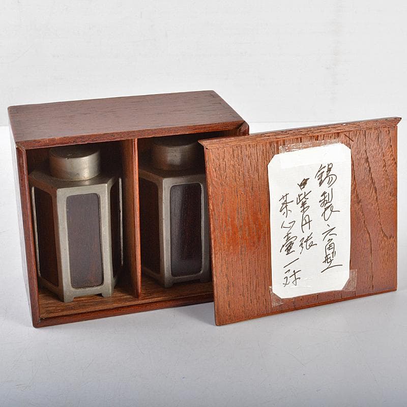 茶道具　古錫　唐木紫檀張　六角茶壷　茶心壷　一對　時代箱付　J　R5494