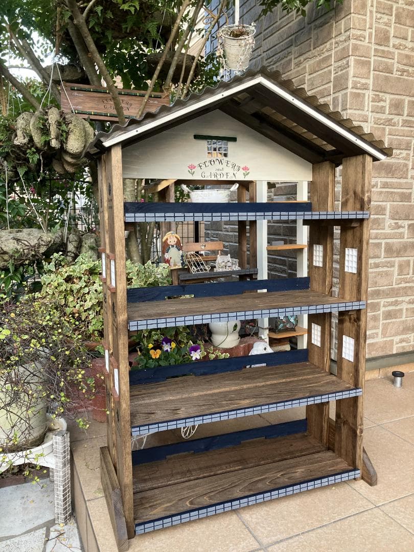 No12 三角屋根の簡単移動棚4段Flower end　Garden　brown