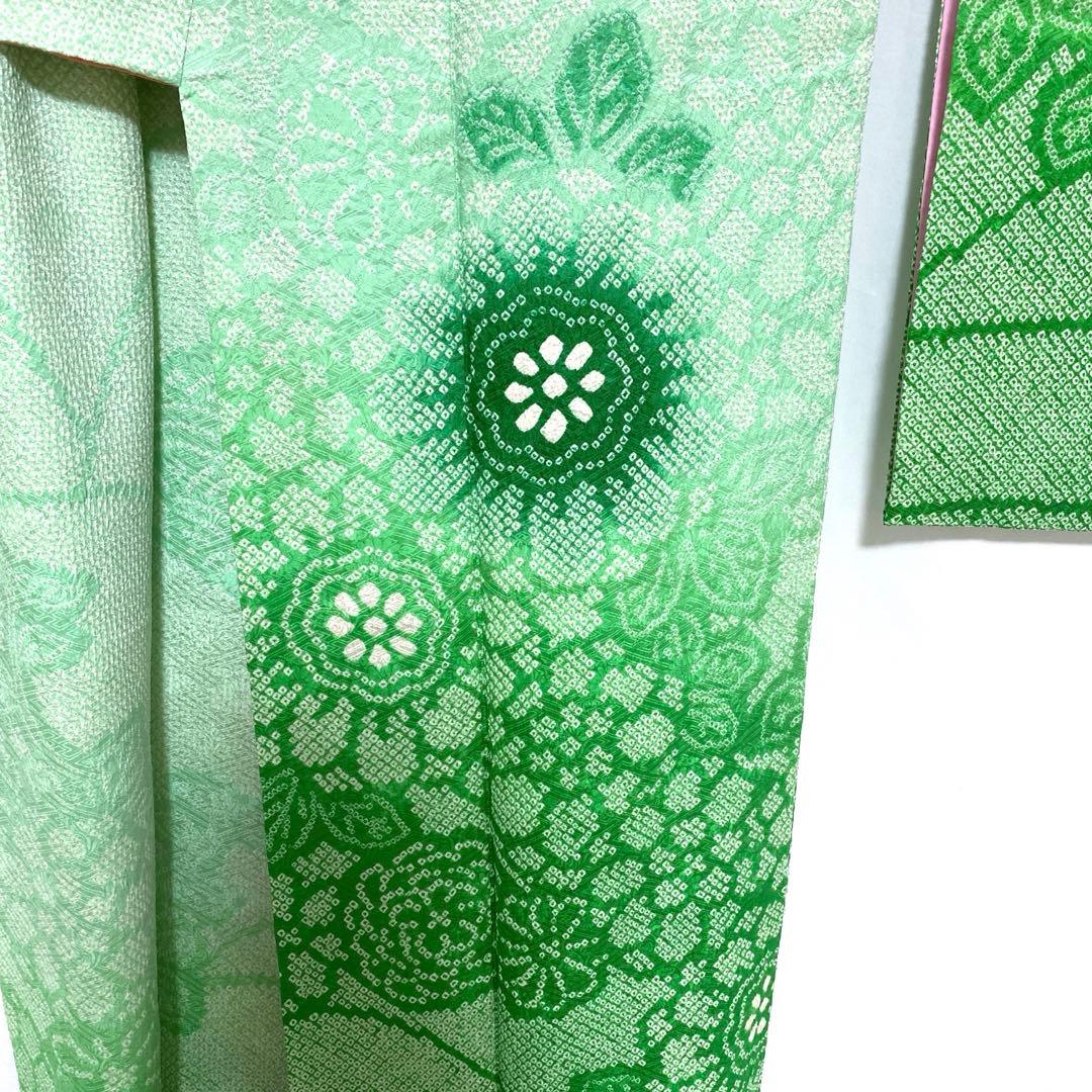 4k2289 振袖　正絹　袷　藤娘きぬたや　総絞り　緑　白　花柄　和装