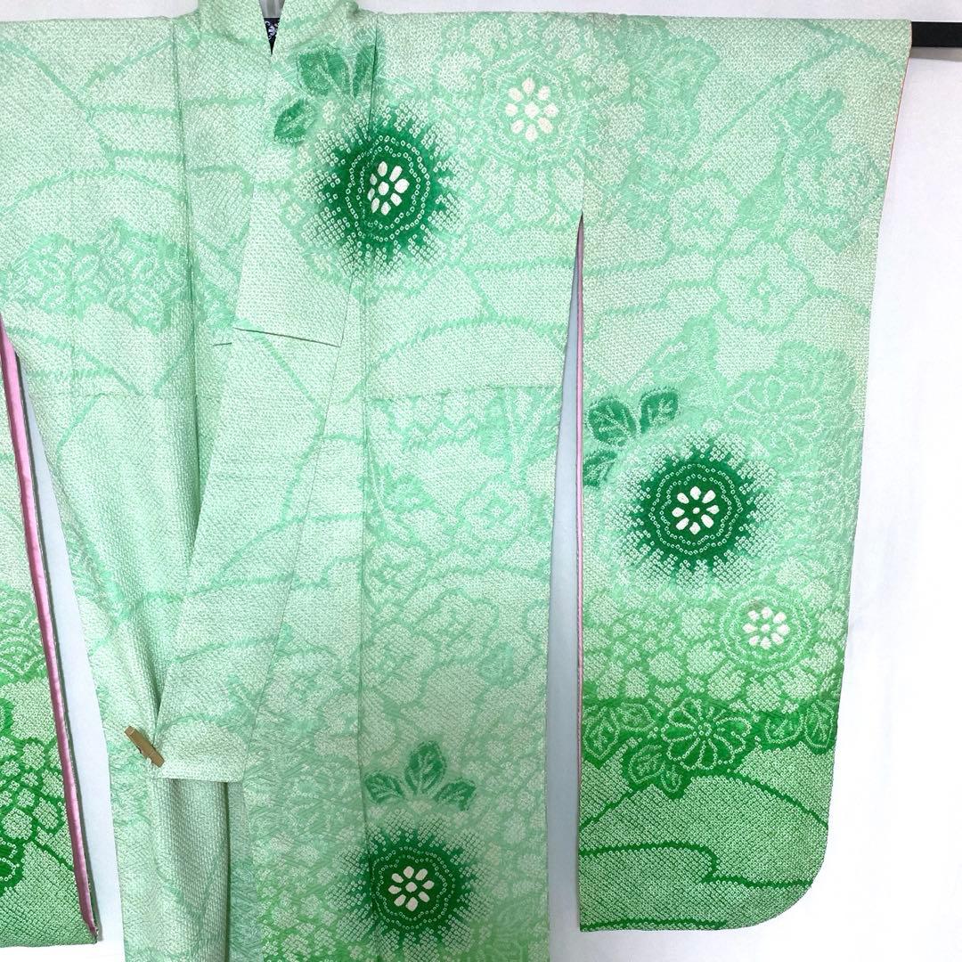4k2289 振袖　正絹　袷　藤娘きぬたや　総絞り　緑　白　花柄　和装