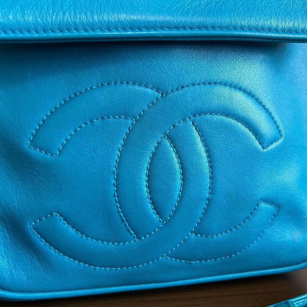真贋済　CHANEL シャネル ブルー レザー ショルダーバッグ　ココマーク