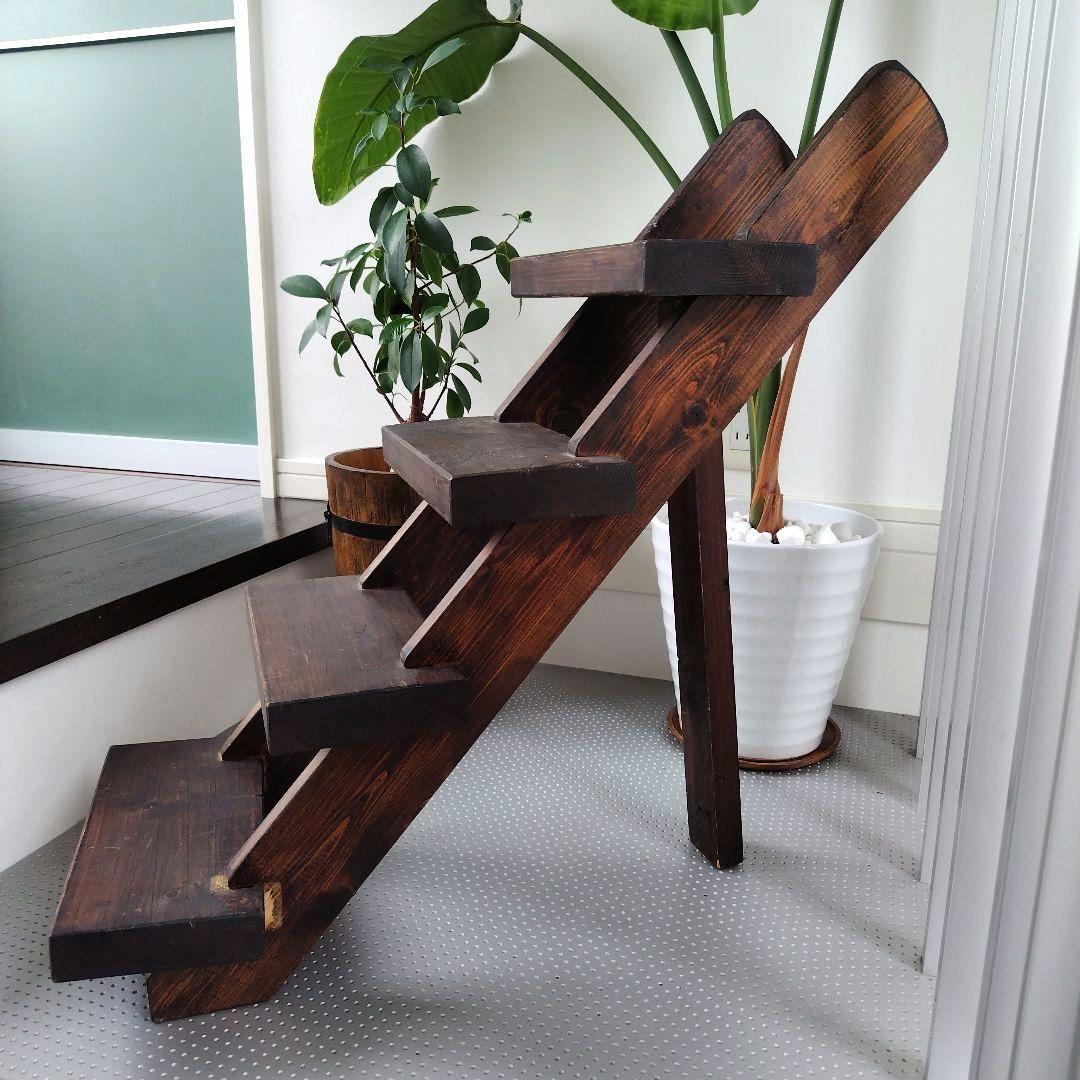 アンティーク 古木を活かした階段ディスプレイ台 シェルフ 4段 天然木