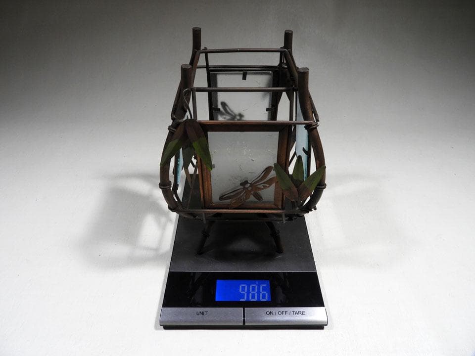 ●現代作 和物 銅製 行燈 蜻蛉 笹透かし紋 四面磨硝子 金工 重さ986ｇ