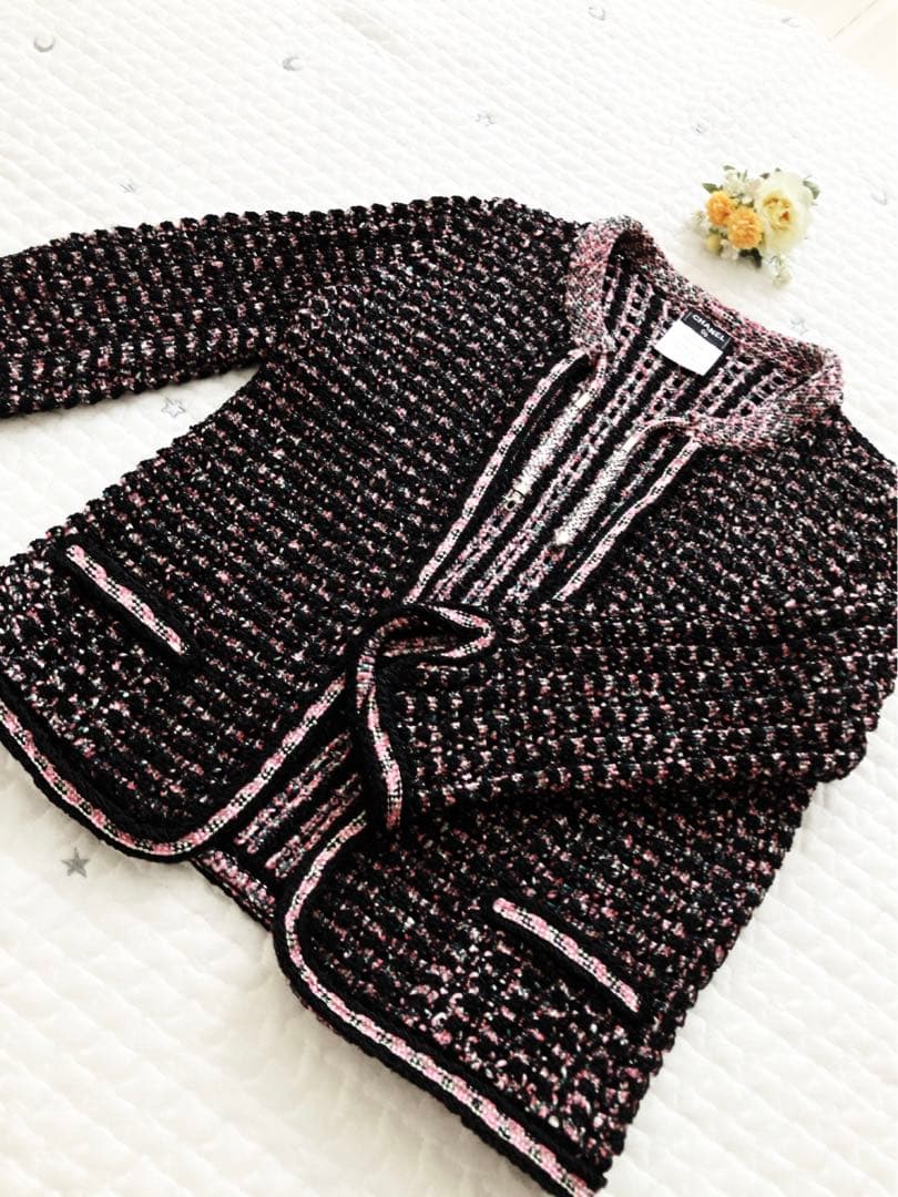 CHANEL ノーカラー　ツイードジャケット　黒ピンク　ココマーク