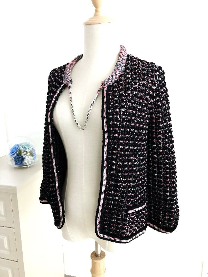 CHANEL ノーカラー　ツイードジャケット　黒ピンク　ココマーク